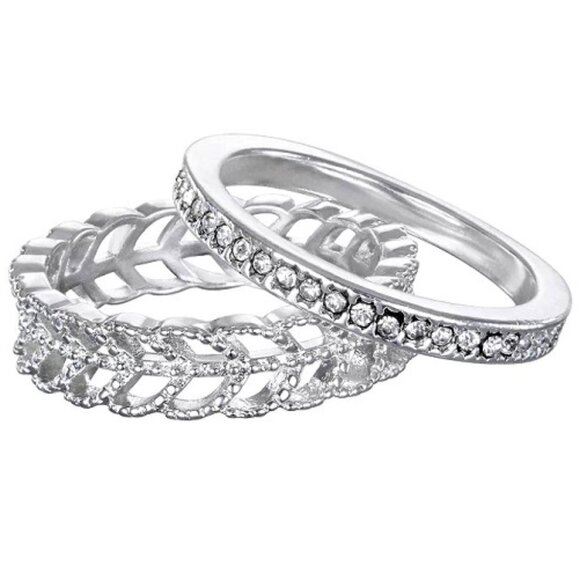 LC Lauren Conrad Jewelry - LC LAUREN CONRAD 2pc SET Silver Clear Crystal Leaf Cutout + Band Rings SZ 10~NEW